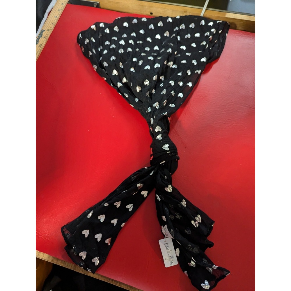 Ethel & Murtle Black with silverโ hearts sheer neck scarf wrap 16" x 66" NWT